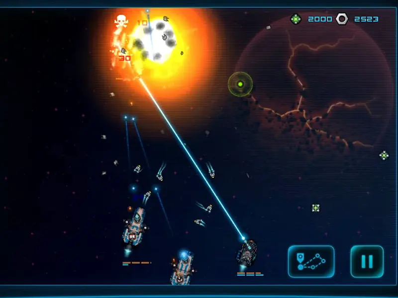 Battlevoid: Harbinger - Schermata di gioco: scontro a fuoco in tempo reale fra due formazioni di navi, con esplosione e raggio di traino verso un pianeta.