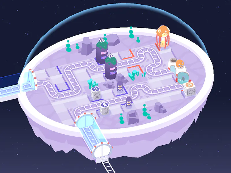 Cosmic Express - Schermata di gioco: tracciato di binari disegnato su una colonia a cupola, con passeggeri alieni e stazioni di sbarco.