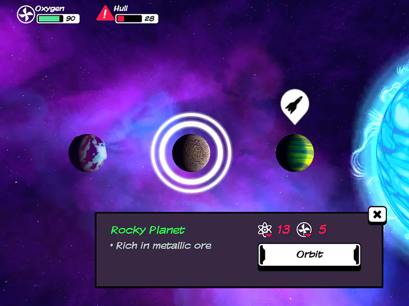 Out There: Ω Edition - Schermata di gioco: la barra di carburante, ossigeno e scafo in alto e il pannello di analisi di un pianeta roccioso con l'opzione di orbita.